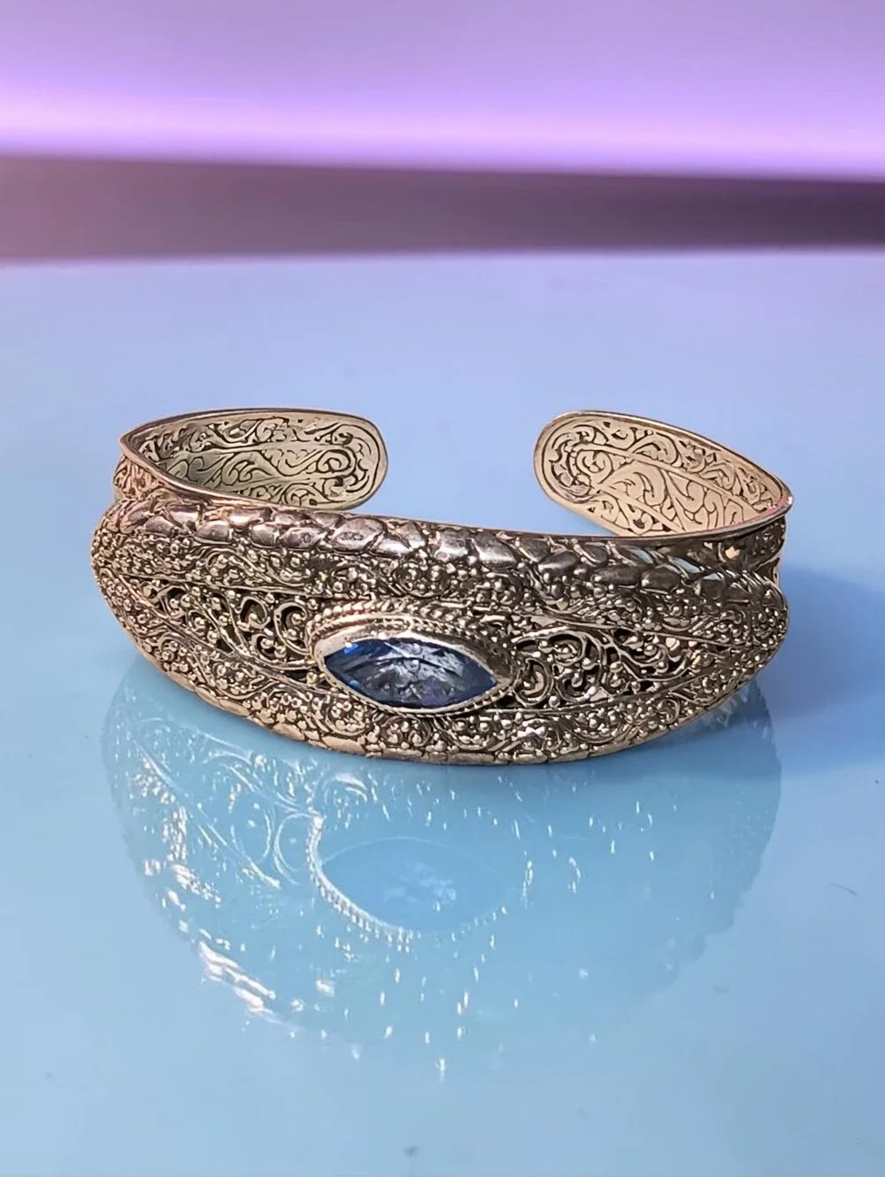 Sarda Bali Sterling Silver Filigree Cuff Bracelet with Blue Stone